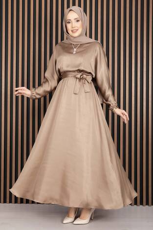 Beli Büzgülü Kuşaklı Tesettür Elbise Vizon