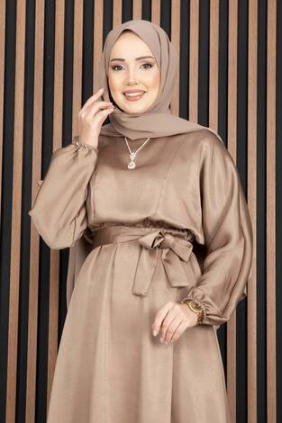 Beli Büzgülü Kuşaklı Tesettür Elbise Vizon - Thumbnail