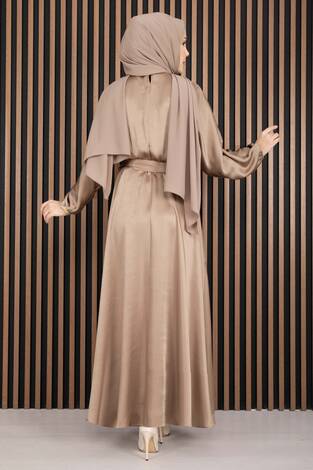 Beli Büzgülü Kuşaklı Tesettür Elbise Vizon - Thumbnail