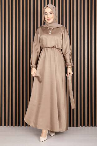 Beli Büzgülü Kuşaklı Tesettür Elbise Vizon - Thumbnail