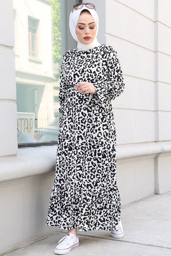  - Beli Büzgülü Leopar Desenli Elbise 17633-20