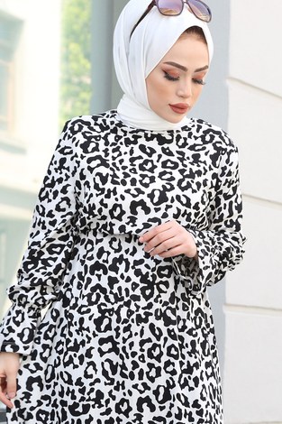 Beli Büzgülü Leopar Desenli Elbise 17633-20 - Thumbnail