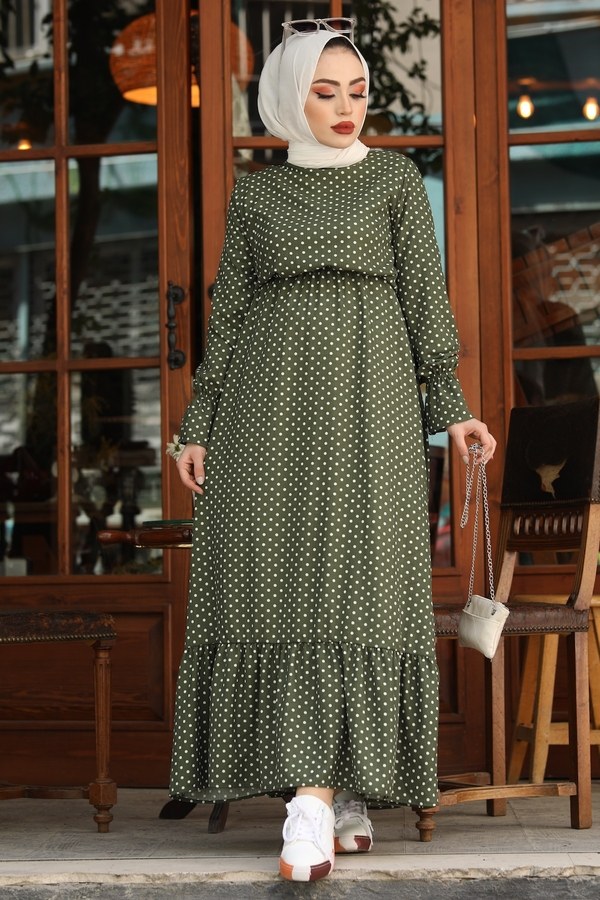  - Beli Büzgülü Puantiye Elbise 17633-6 Haki