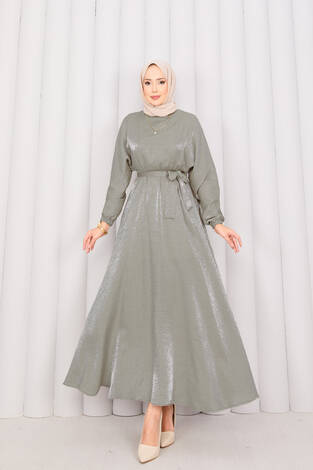 Beli Büzgülü Seyyar Kuşaklı Yarasa Kol Tesettür Elbise Haki