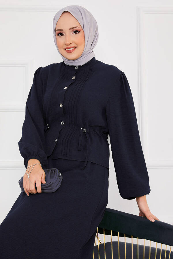 Asm - Beli Büzgülü Tesettür İkili Takım Lacivert (1)