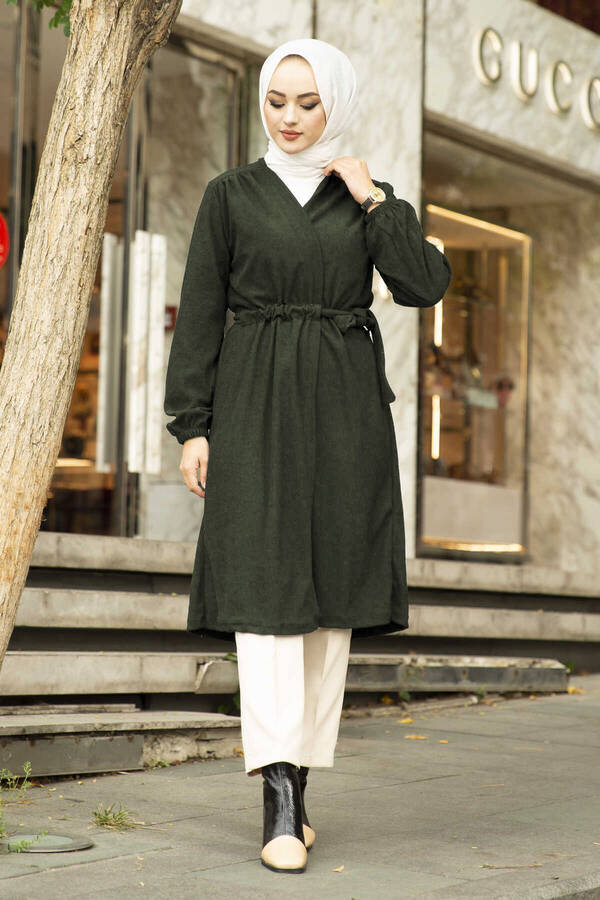 Th - Beli Büzgülü Tesettür Kimono Haki