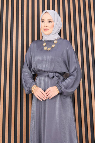 Beli Büzgülü Yarasa Kol Tesettür Elbise Gri - Thumbnail