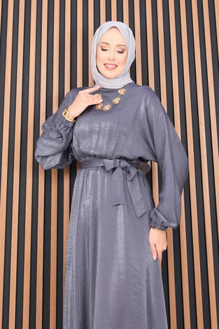 Beli Büzgülü Yarasa Kol Tesettür Elbise Gri - Thumbnail