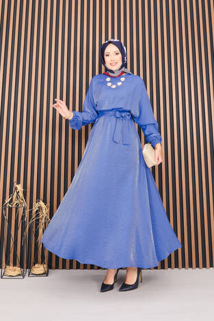 Beli Büzgülü Yarasa Kol Tesettür Elbise İndigo - Thumbnail