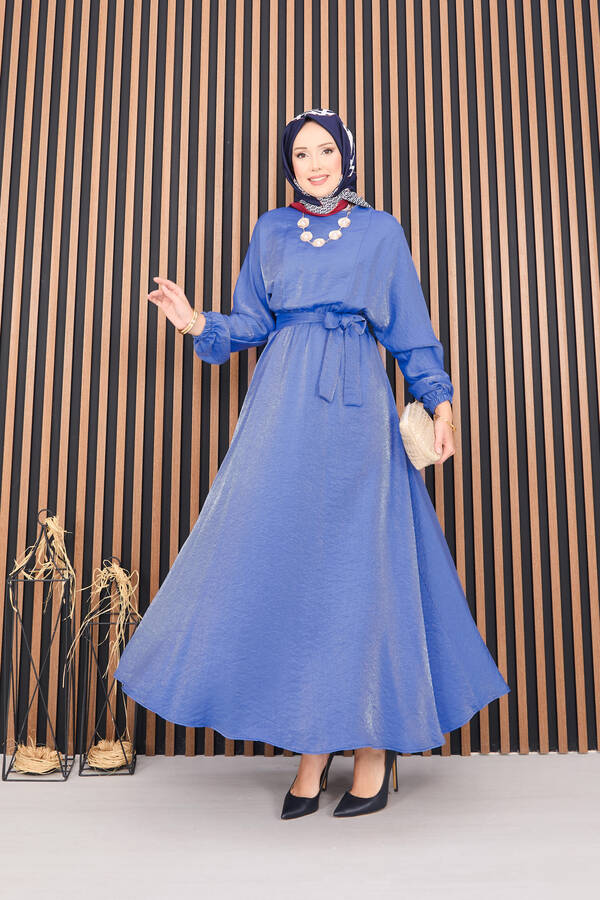 Beli Büzgülü Yarasa Kol Tesettür Elbise İndigo - 3