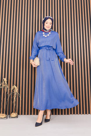 Beli Büzgülü Yarasa Kol Tesettür Elbise İndigo - Thumbnail
