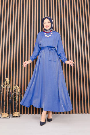 Beli Büzgülü Yarasa Kol Tesettür Elbise İndigo