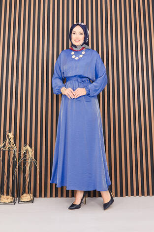 Beli Büzgülü Yarasa Kol Tesettür Elbise İndigo - Thumbnail