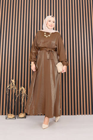 Beli Büzgülü Yarasa Kol Tesettür Elbise Taba - Thumbnail