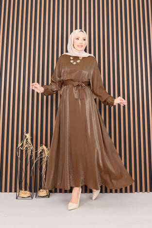 Beli Büzgülü Yarasa Kol Tesettür Elbise Taba - Thumbnail