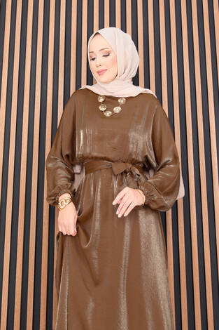 Beli Büzgülü Yarasa Kol Tesettür Elbise Taba - Thumbnail