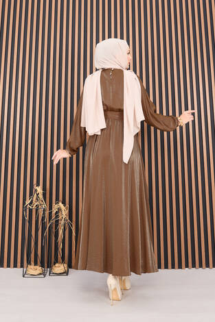 Beli Büzgülü Yarasa Kol Tesettür Elbise Taba - Thumbnail