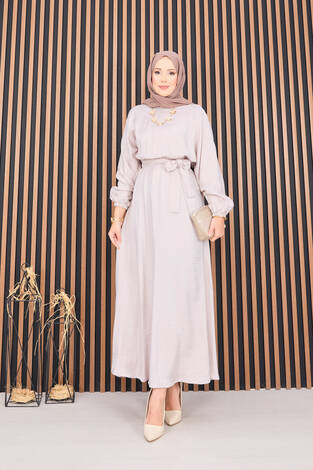 Beli Büzgülü Yarasa Kol Tesettür Elbise Taş - Thumbnail