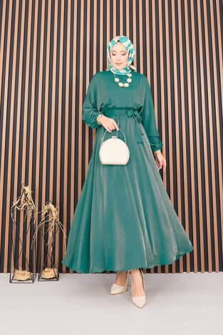 Beli Büzgülü Yarasa Kol Tesettür Elbise Zümrüt - Thumbnail