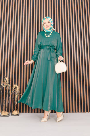 Beli Büzgülü Yarasa Kol Tesettür Elbise Zümrüt - Thumbnail