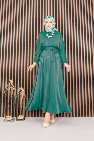 Beli Büzgülü Yarasa Kol Tesettür Elbise Zümrüt - Thumbnail