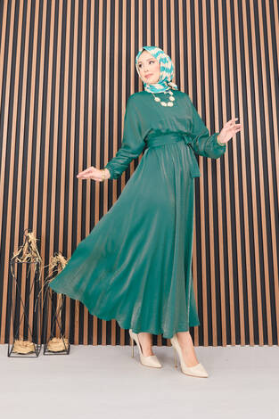 Beli Büzgülü Yarasa Kol Tesettür Elbise Zümrüt - Thumbnail