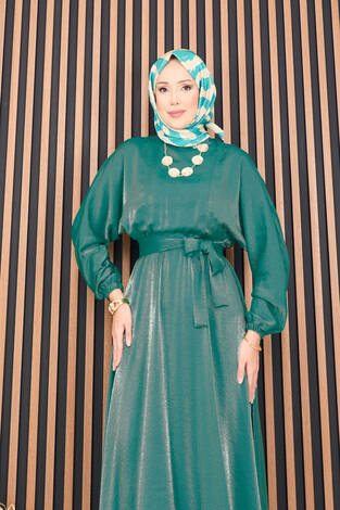 Beli Büzgülü Yarasa Kol Tesettür Elbise Zümrüt - Thumbnail