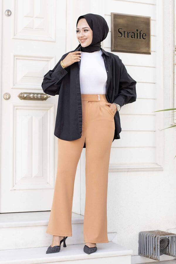 Beli Çıtçıtlı Palazzo Tesettür Pantolon Camel