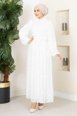 Beli Kuşaklı Dantelli Tesettür Elbise Beyaz - Thumbnail