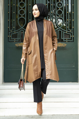 Beli Kuşaklı Deri Ceket Taba - Thumbnail