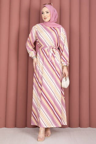 Beli Kuşaklı Desenli Elbise Pembe - Thumbnail