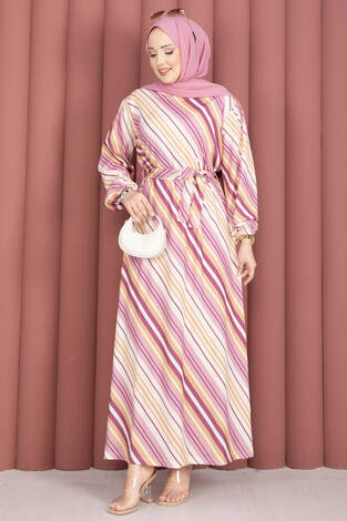 Beli Kuşaklı Desenli Elbise Pembe - Thumbnail