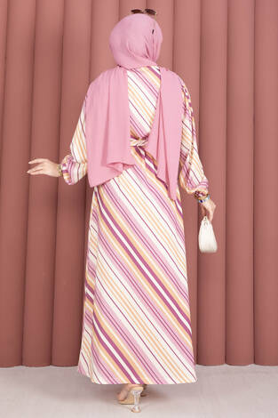 Beli Kuşaklı Desenli Elbise Pembe - Thumbnail