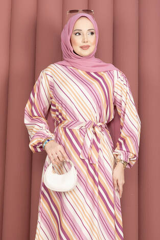 Beli Kuşaklı Desenli Elbise Pembe - Thumbnail