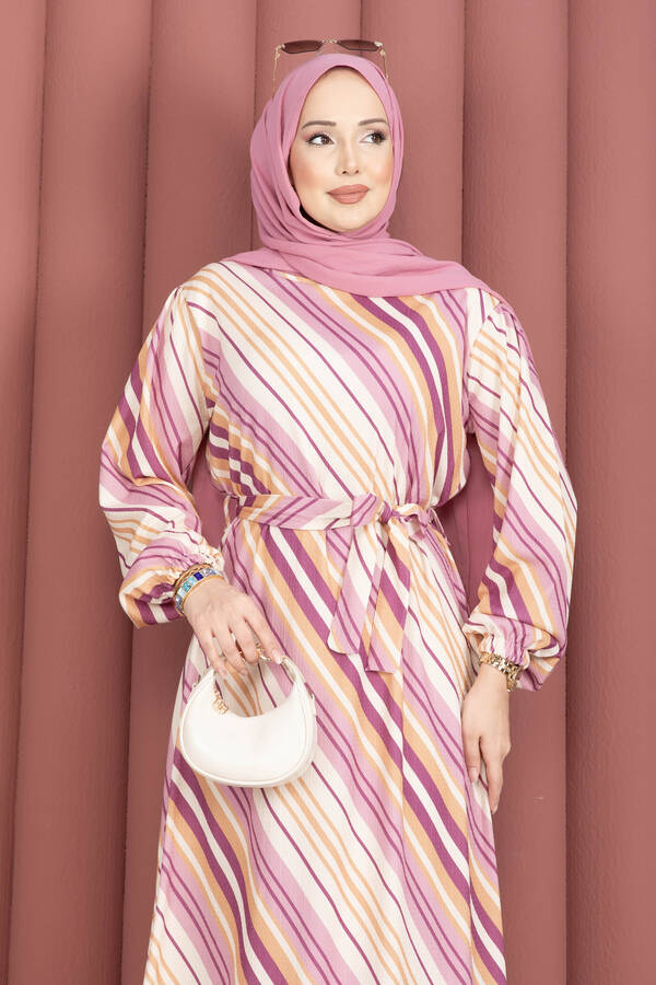 Tkm - Beli Kuşaklı Desenli Elbise Pembe (1)