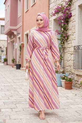 Beli Kuşaklı Desenli Elbise Pembe - Thumbnail