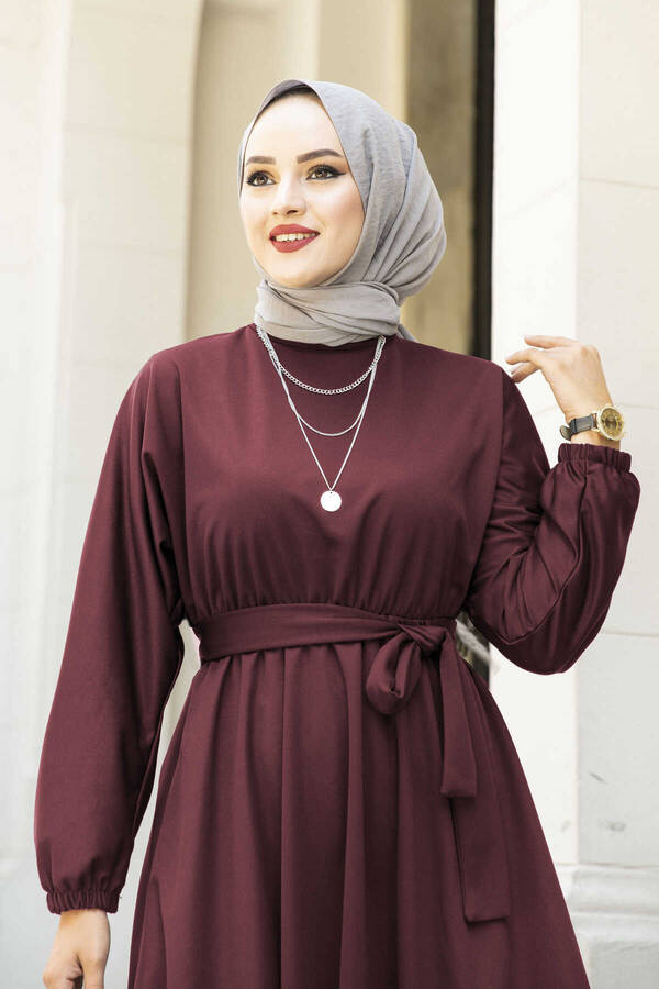 MD - Beli Kuşaklı Tesettür Elbise 100MD-10528 Bordo (1)