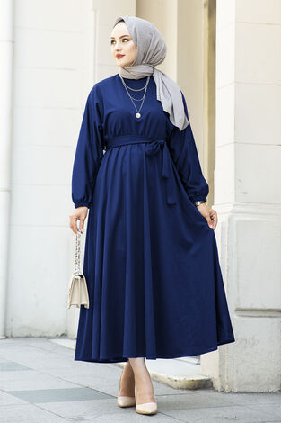 Beli Kuşaklı Elbise 100MD-10528 İndigo - Thumbnail