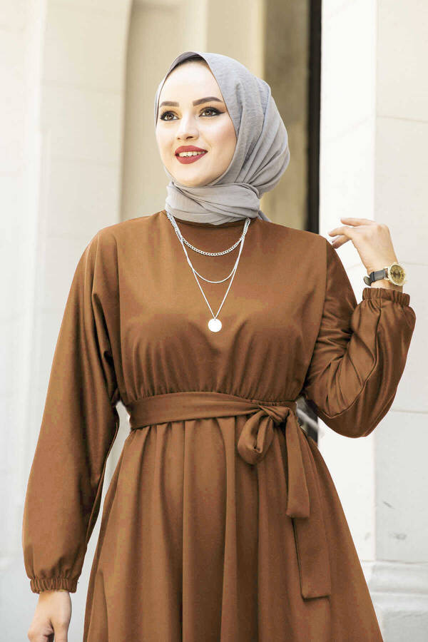 MD - Beli Kuşaklı Tesettür Elbise 100MD-10528 Kiremit (1)