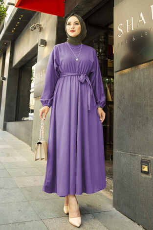Beli Kuşaklı Elbise 100MD-10528 Lila - Thumbnail