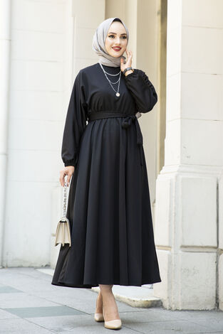 Beli Kuşaklı Elbise 100MD-10528 Siyah - Thumbnail
