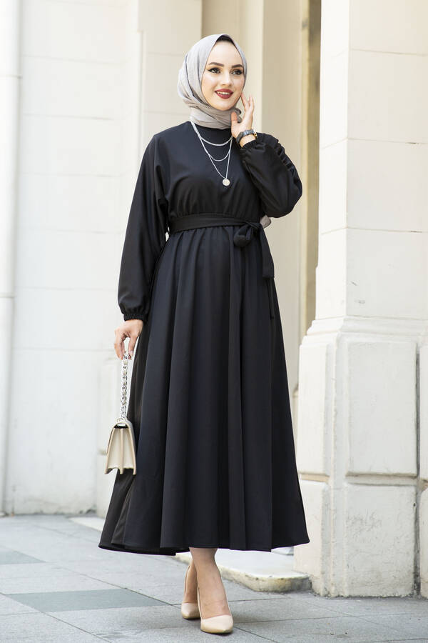 Beli Kuşaklı Elbise 100MD-10528 Siyah