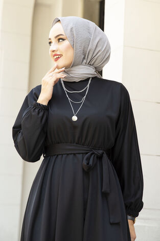 Beli Kuşaklı Elbise 100MD-10528 Siyah - Thumbnail