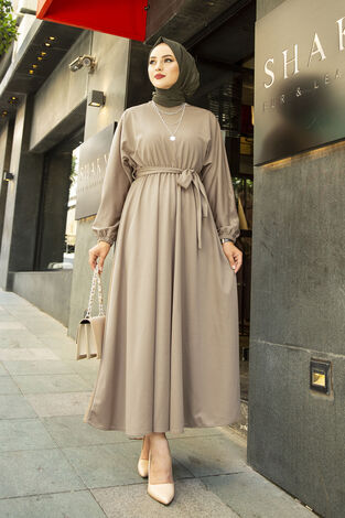 Beli Kuşaklı Elbise 100MD-10528 Taş - Thumbnail