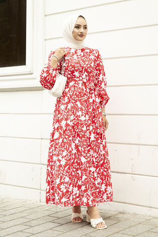 Beli Kuşaklı Eteği Fırfırlı Elbise 100MD-10483 Kırmızı - Thumbnail