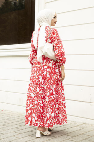 Beli Kuşaklı Eteği Fırfırlı Tesettür Elbise 100MD-10483 Kırmızı - Thumbnail
