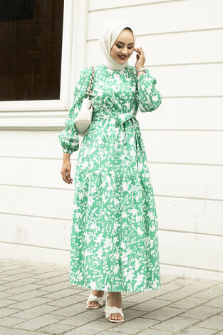Beli Kuşaklı Eteği Fırfırlı Tesettür Elbise 100MD-10483 Yeşil - Thumbnail