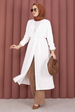 Beli Kuşaklı Tesettür Kimono 5587 Beyaz - Thumbnail