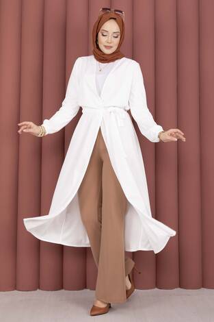 Beli Kuşaklı Tesettür Kimono 5587 Beyaz - Thumbnail