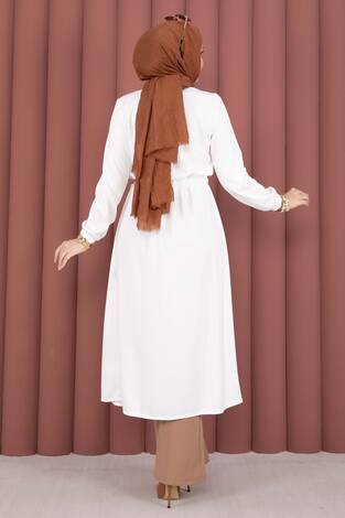 Beli Kuşaklı Tesettür Kimono 5587 Beyaz - Thumbnail